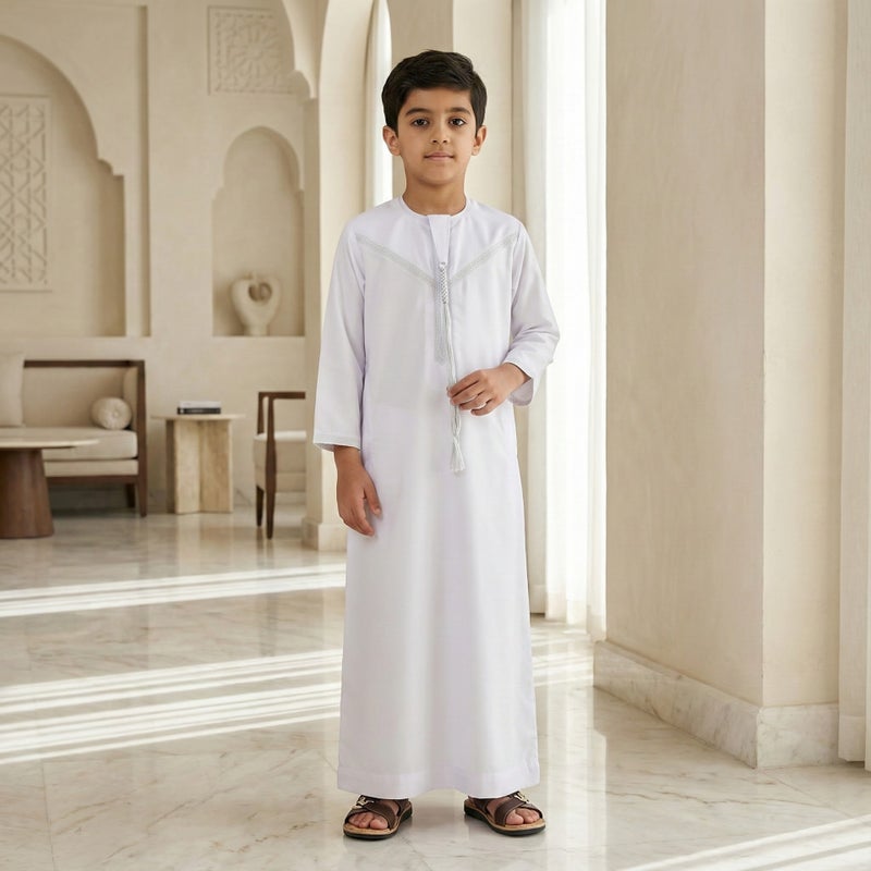 Children's Traditional Thobe - White, Loose Fit, Long Sleeve - Image 4