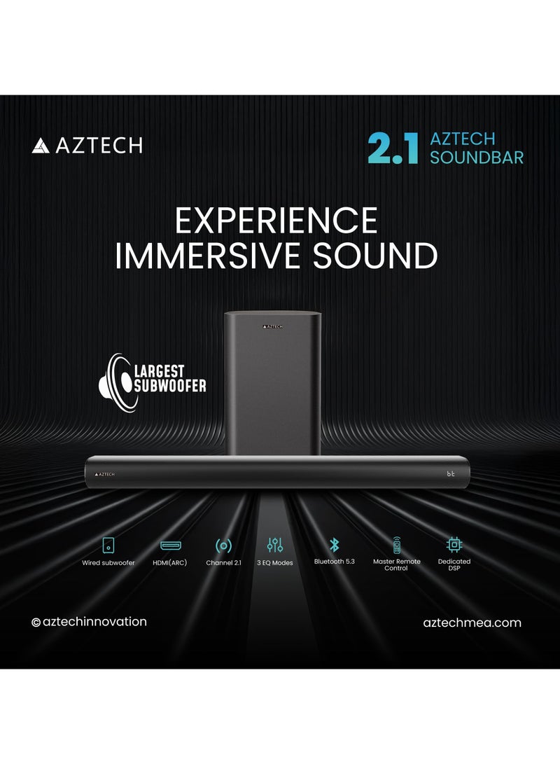 أزتك AZTECH مكبر صوت 2.1CH مع مضخم صوت سلكي بقدرة 120 واط | نظام مسرح منزلي بتقنية Bluetooth 5.3 | وضع الألعاب مع HDMI ARC، بصري، AUX، USB، DSP، 3 أوضاع EQ وجهاز تحكم عن بُعد | صوت محيطي وجهير عميق لمكبر صوت التلفزيون - Image 5