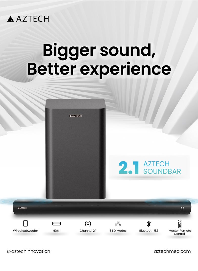 أزتك AZTECH مكبر صوت 2.1CH مع مضخم صوت سلكي بقدرة 120 واط | نظام مسرح منزلي بتقنية Bluetooth 5.3 | وضع الألعاب مع HDMI ARC، بصري، AUX، USB، DSP، 3 أوضاع EQ وجهاز تحكم عن بُعد | صوت محيطي وجهير عميق لمكبر صوت التلفزيون - Image 2