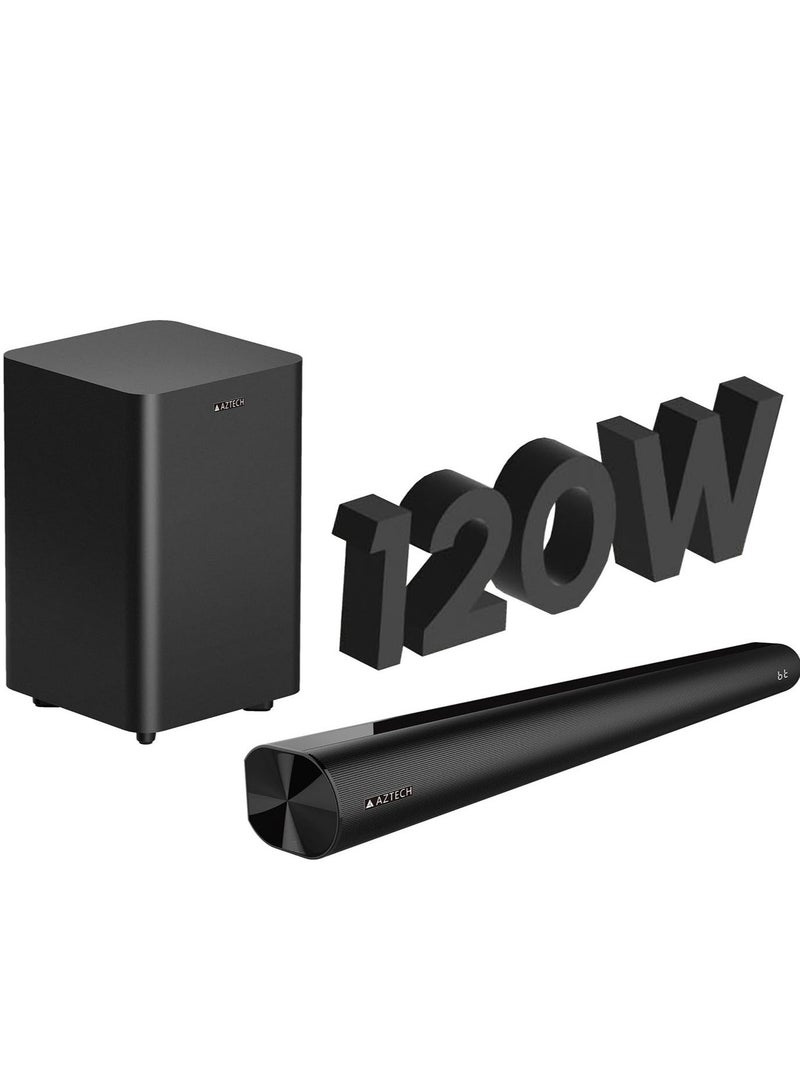 Aztech 2.1CH Soundbar with Wired Subwoofer 120W Bluetooth 5.3 Home Theater System Game Mode with HDMI ARC, Optical, AUX, USB, DSP, 3EQ Modes & Remote Deep Bass Surround Soundbar TV Speaker UAE Ver - Image 1