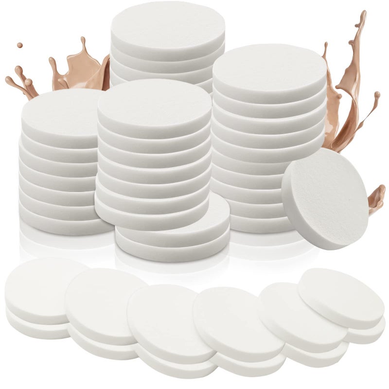 Vmiapxo 48 Pieces White Makeup Sponge Cosmetic Sponge Round Foam Pad Compact Facial Powder Puff Beauty Makeup Foundation Powder Blender for All Skin Types Wet and Dry Dual Use