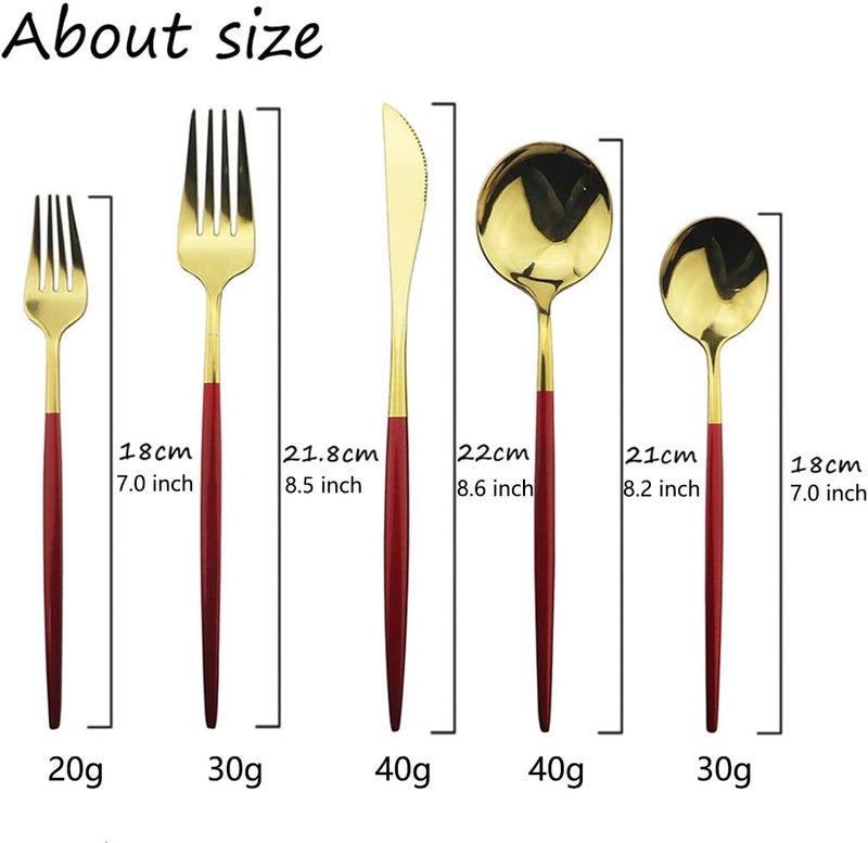 JASHII Red Gold Silverware Set JASHII 20Piece Stainless Steel Satin Finish Flatware Set Kitchen Utensil Set Mirror Polished Tableware Cutlery Set for Home and Restaurant Dishwasher Safe - Image 2