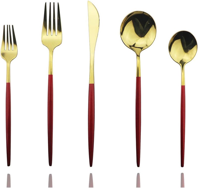 JASHII Red Gold Silverware Set JASHII 20Piece Stainless Steel Satin Finish Flatware Set Kitchen Utensil Set Mirror Polished Tableware Cutlery Set for Home and Restaurant Dishwasher Safe - Image 1