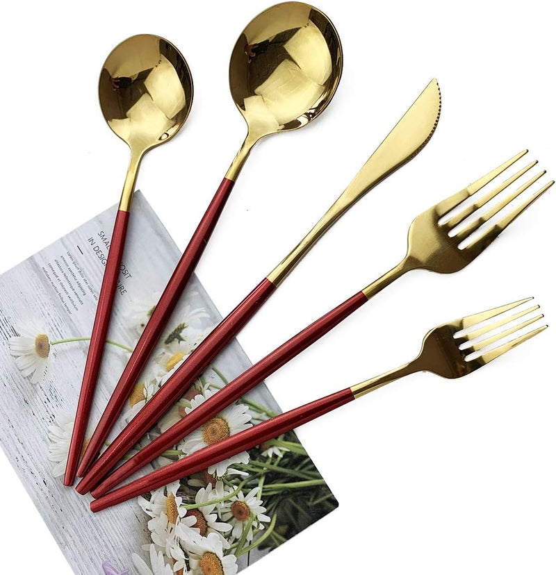 JASHII Red Gold Silverware Set JASHII 20Piece Stainless Steel Satin Finish Flatware Set Kitchen Utensil Set Mirror Polished Tableware Cutlery Set for Home and Restaurant Dishwasher Safe - Image 3