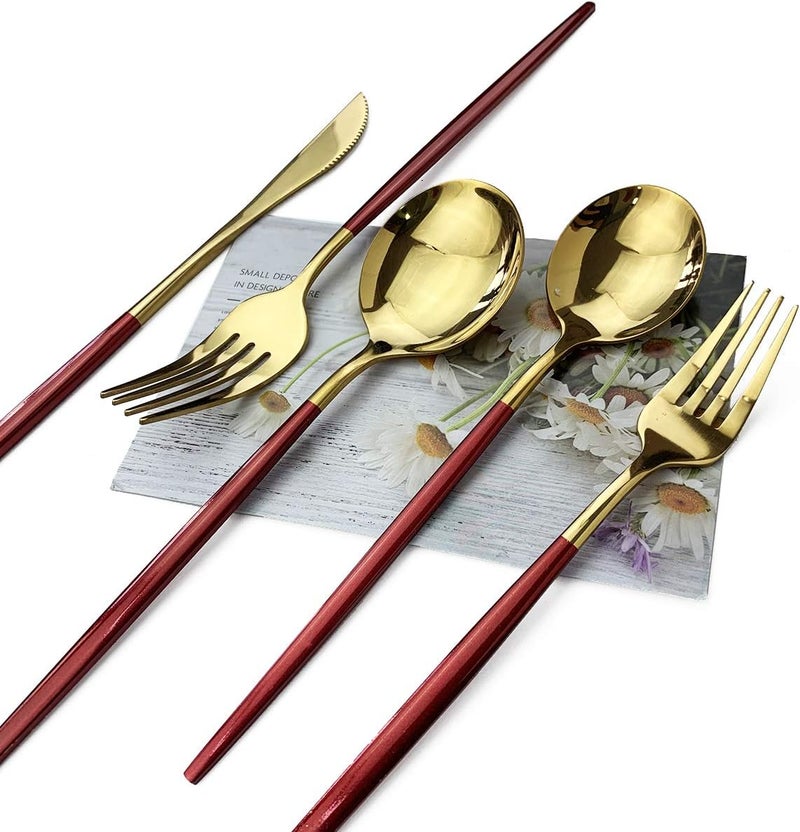JASHII Red Gold Silverware Set JASHII 20Piece Stainless Steel Satin Finish Flatware Set Kitchen Utensil Set Mirror Polished Tableware Cutlery Set for Home and Restaurant Dishwasher Safe - Image 4
