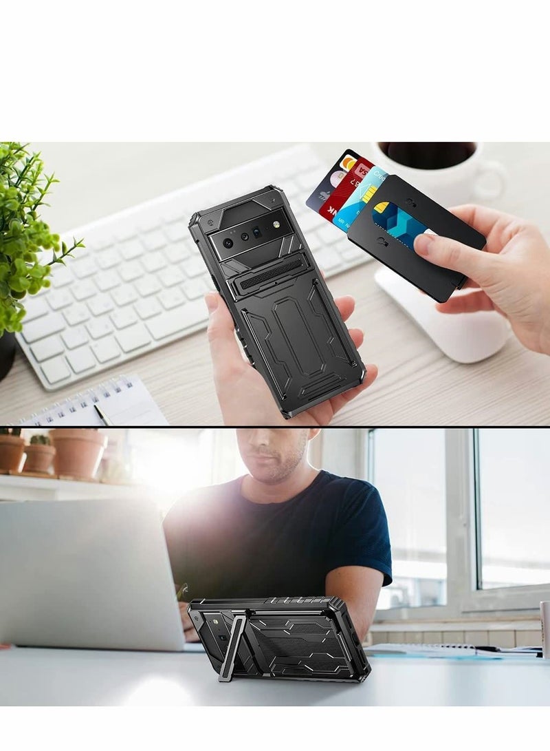Y&D Case for Google Pixel 6 Pro 6.7 inch Kickstand Shockproof Cover with Card Holder Soft TPU Protective Defender Bumper Stand Armor Military Grade Protection 6Pro Black  - Image 4