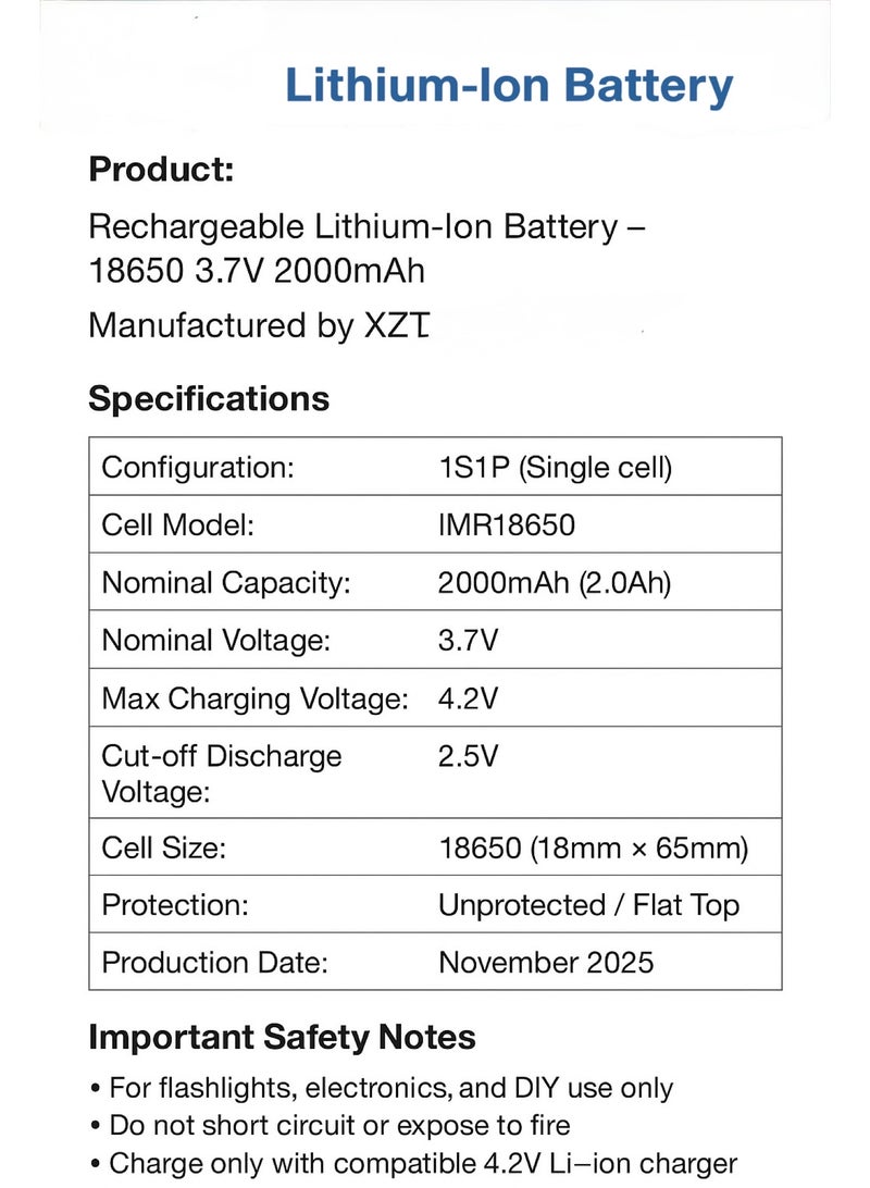 XZT Battery XZT 18650 Rechargeable 2000mAh – Lithium-Ion 3.7V High Performance 4pc - Image 4