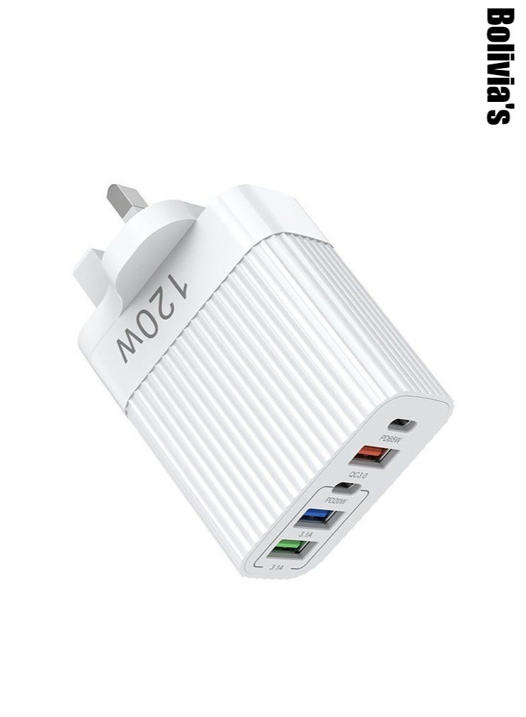 Bolivia's 120W PD QC 3.0 Type C USB Charger Adapter, 5-Port USB A & USB C Charging Hub Compatible with iPhone 15/14/13 Pro Max, Samsung Galaxy S23/S22, iPad, OnePlus, Pixel, AirPods & More（White）  - Image 1