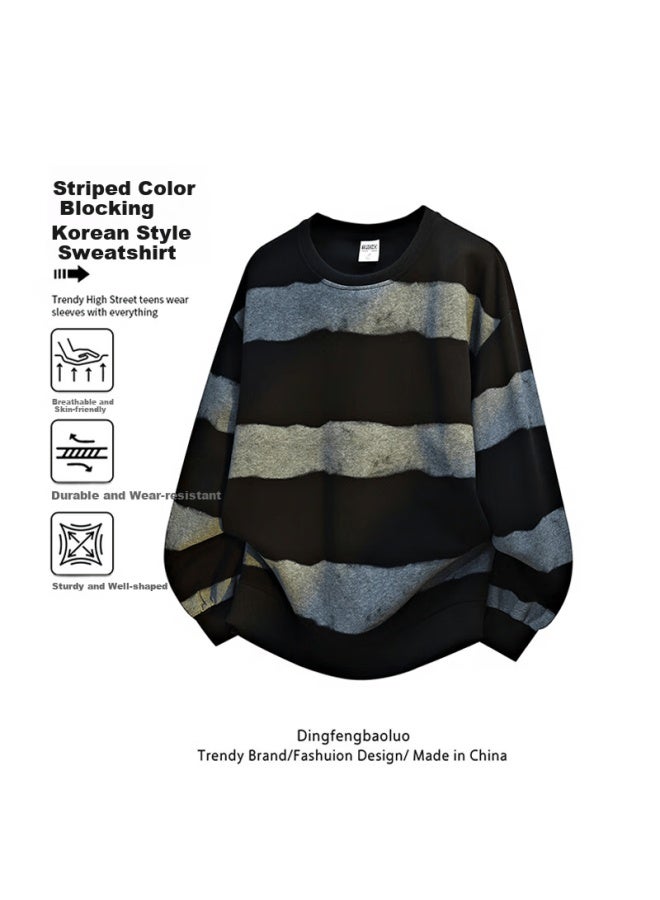 Dingfengbaoluo Striped Colorblock Sweatshirt Men Spring Korean Style Loose Casual Long Sleeve Pullover Base Shirt Xyf81 Black 4XL - Image 1