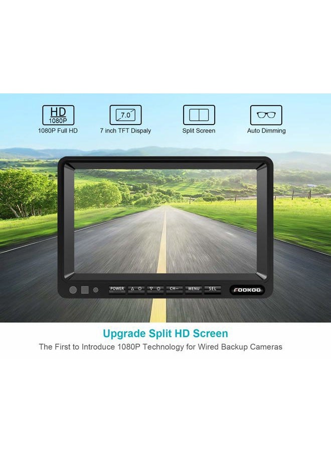 Fookoo Ⅱ HD 1080P Backup Camera System Kit,7'' DVR Dual Split Screen Monitor, IP69 Waterproof Rear View Camera for Truck/Semi-Trailer/Box Truck/RV, Sharp CCD Chip,100% Not Wash Up (FHD2-Wired) - Image 5