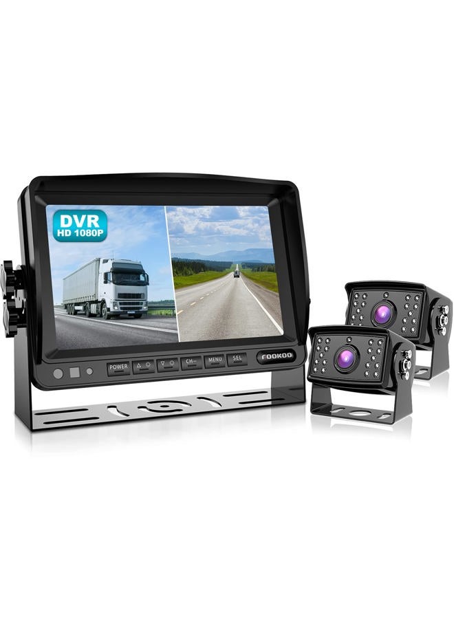 Fookoo Ⅱ HD 1080P Backup Camera System Kit,7'' DVR Dual Split Screen Monitor, IP69 Waterproof Rear View Camera for Truck/Semi-Trailer/Box Truck/RV, Sharp CCD Chip,100% Not Wash Up (FHD2-Wired) - Image 1