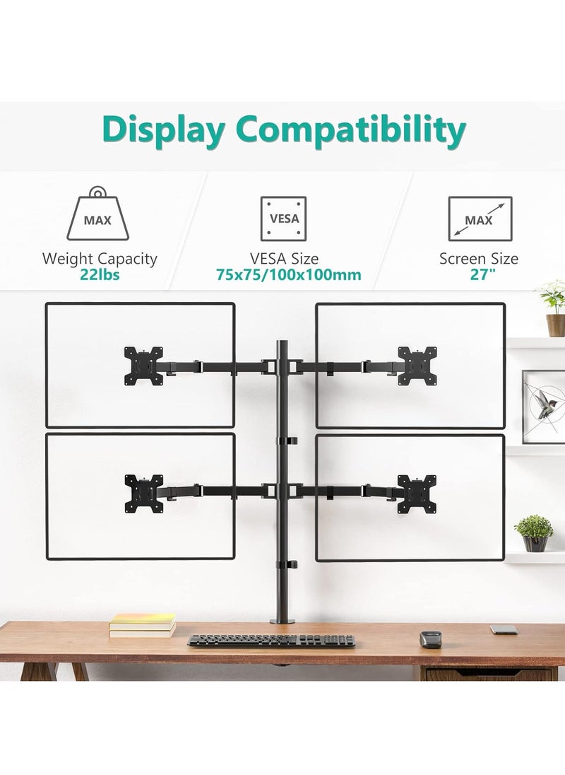 Quad Monitor Stand || 4 Monitor Stand Fits Heavy Duty Computer Screen up to 27 Inch, Fully Adjustable Desk Mount with VESA Compatibility, Holds up to 22 lbs per Arm (M004), Black – Ergonomic, Space-Saving Design for Ultimate Productivity