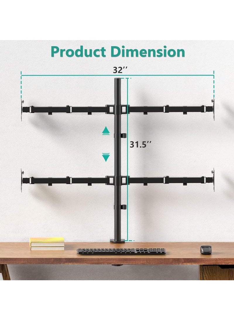 Quad Monitor Stand || 4 Monitor Stand Fits Heavy Duty Computer Screen up to 27 Inch, Fully Adjustable Desk Mount with VESA Compatibility, Holds up to 22 lbs per Arm (M004), Black – Ergonomic, Space-Saving Design for Ultimate Productivity