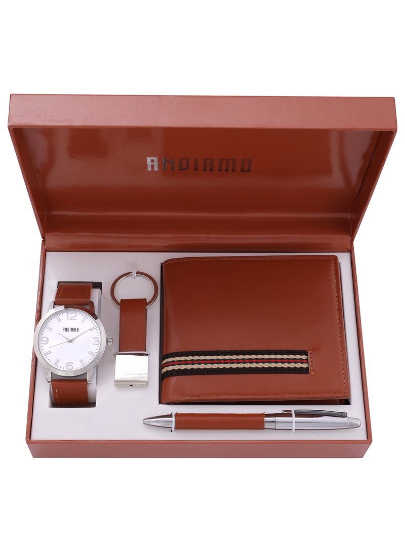 ANDIAMO Men's Analog Silver Case White Dial Brown Leather Strap, Leather Wallet, Pen, Key Chain 