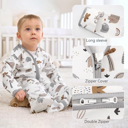FIEMOL Baby Sleep Sack 612 Months Long Sleeve Baby Wearable Blanket 05 Tog with Mittens 2Way Zipper Infant Cotton Sleeping Sack for Boy and Girl Grey Elephant 2 Pack Medium - Image 3