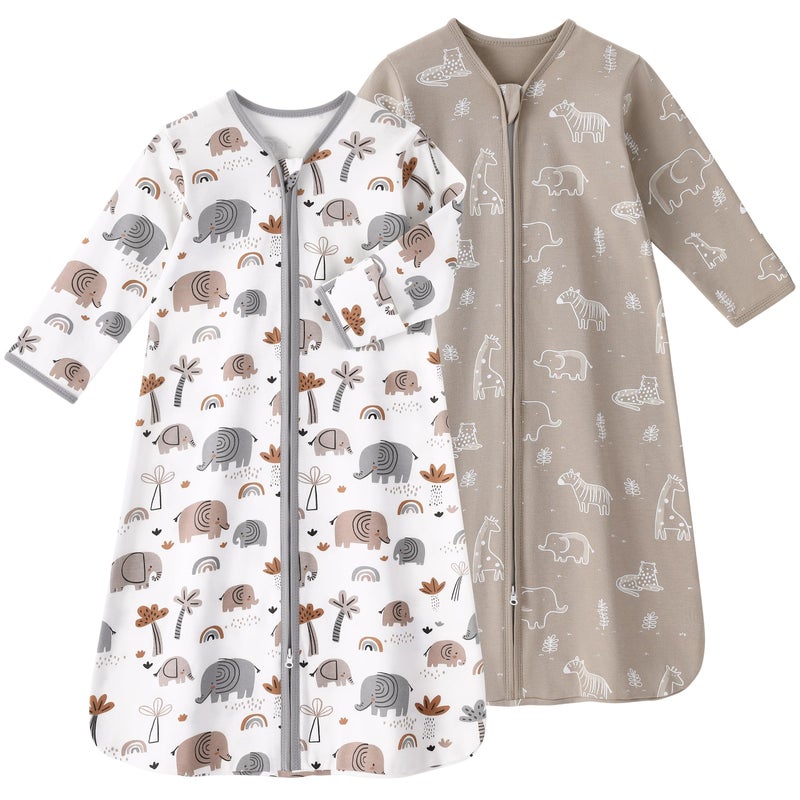 FIEMOL Baby Sleep Sack 612 Months Long Sleeve Baby Wearable Blanket 05 Tog with Mittens 2Way Zipper Infant Cotton Sleeping Sack for Boy and Girl Grey Elephant 2 Pack Medium - Image 2