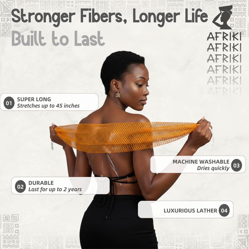 AFRIKI African Net Sponge â€“ Exfoliating Body Scrubber, Black Owned & Rooted in Africa, All Skin Types | 45 in Long (Black) - Image 3