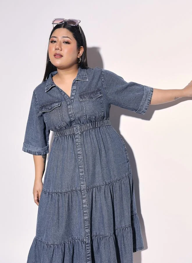 SASSAFRAS Plus Size Navy Denim Tiered Midi Dress