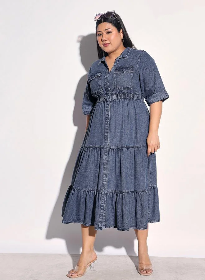 SASSAFRAS Plus Size Navy Denim Tiered Midi Dress
