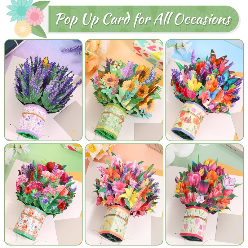 Caffox 6 Pack Paper Flower Pop Up Cards, Flower Bouquet Card Popup 3D Greeting Cards for Mother's Day, Graduation, Anniversary, Birthday, Congratulations, Get Well, Home Decor, with Envelope and Note - Image 3