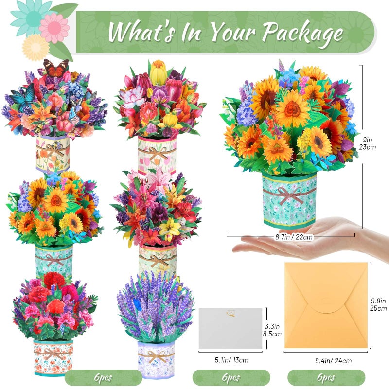 Caffox 6 Pack Paper Flower Pop Up Cards, Flower Bouquet Card Popup 3D Greeting Cards for Mother's Day, Graduation, Anniversary, Birthday, Congratulations, Get Well, Home Decor, with Envelope and Note - Image 4