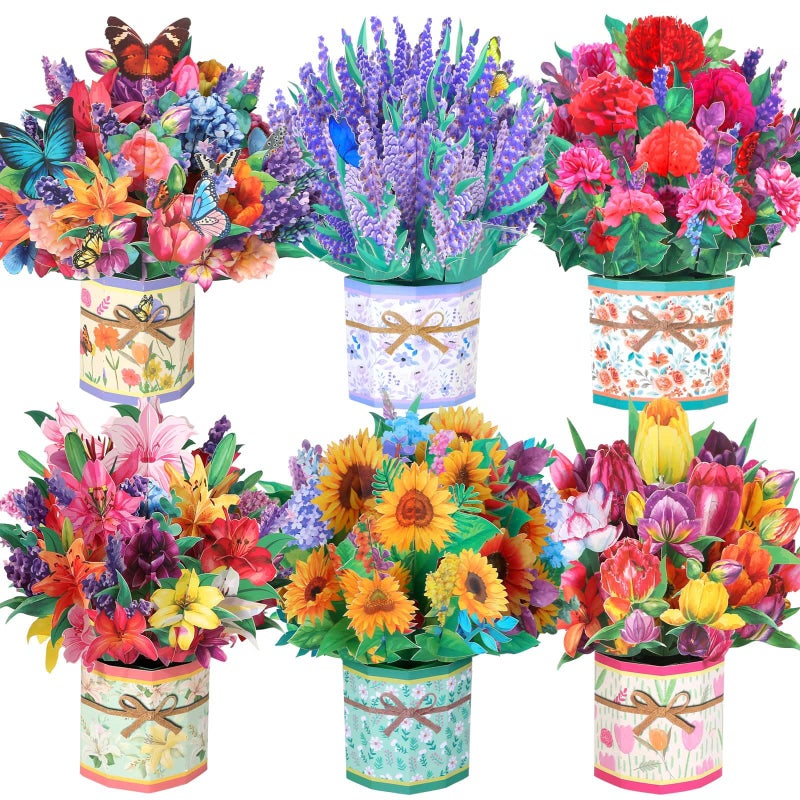 Caffox 6 Pack Paper Flower Pop Up Cards, Flower Bouquet Card Popup 3D Greeting Cards for Mother's Day, Graduation, Anniversary, Birthday, Congratulations, Get Well, Home Decor, with Envelope and Note - Image 1