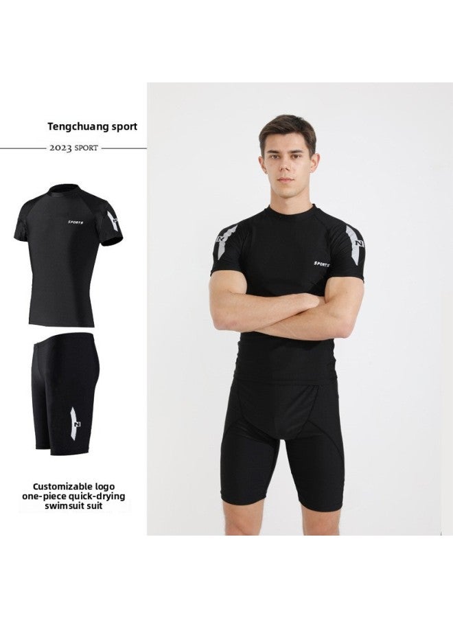 Loquat Swimwear Men's Split Two-piece Set Men's Sunscreen Short-sleeved Surfing Scuba Suit Large Size Beach Swimming Trunks For Men-Color:Gray Label Swimsuit + Swimsuit Trunks- - Image 1