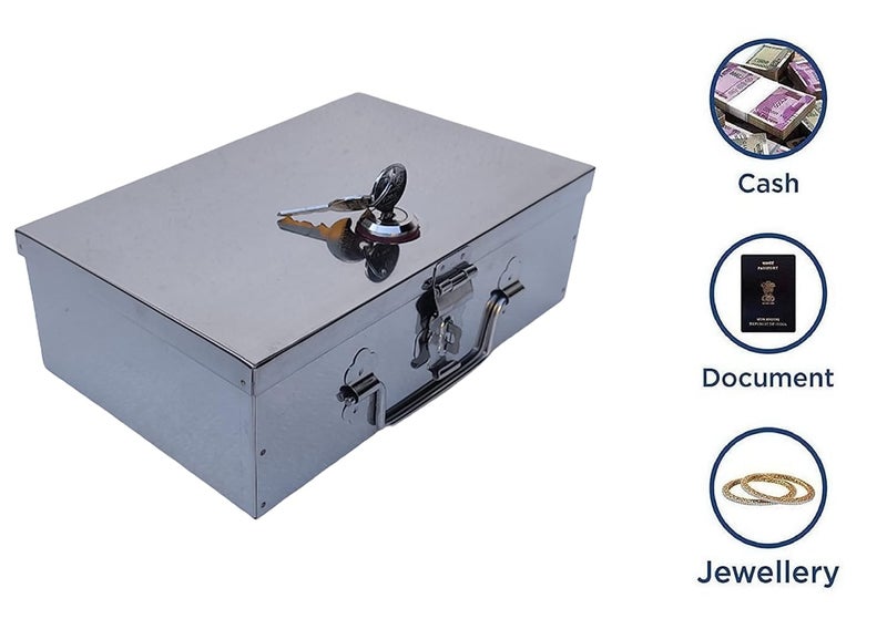 GinoSet ® Stainless Steel Cash/Jewellery/Coin Storage Rectangular Silver Boxes with Pre-Fitted Lock (10" X 7" X 3") - Image 3