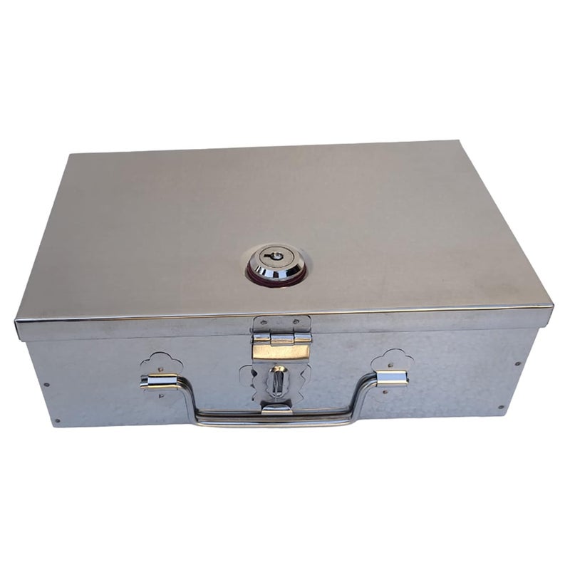 GinoSet ® Stainless Steel Cash/Jewellery/Coin Storage Rectangular Silver Boxes with Pre-Fitted Lock (10" X 7" X 3") - Image 5