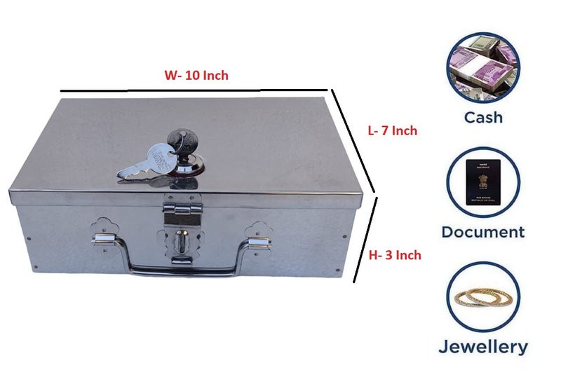 GinoSet ® Stainless Steel Cash/Jewellery/Coin Storage Rectangular Silver Boxes with Pre-Fitted Lock (10" X 7" X 3") - Image 2