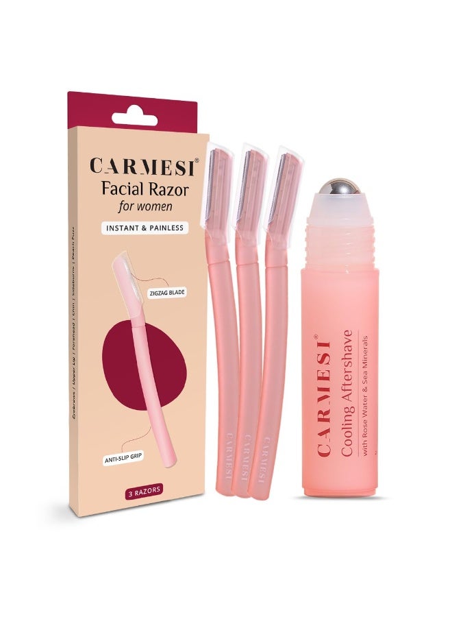 Carmesi Smooth Shave Essentials for Women - 3 Face Razors & 1 Cooling Aftershave Roll On | Instant & Painless Hair Removal | Cooling Effect | No Razor Burns or Cuts | Smooth & Glowing Skin - Image 1