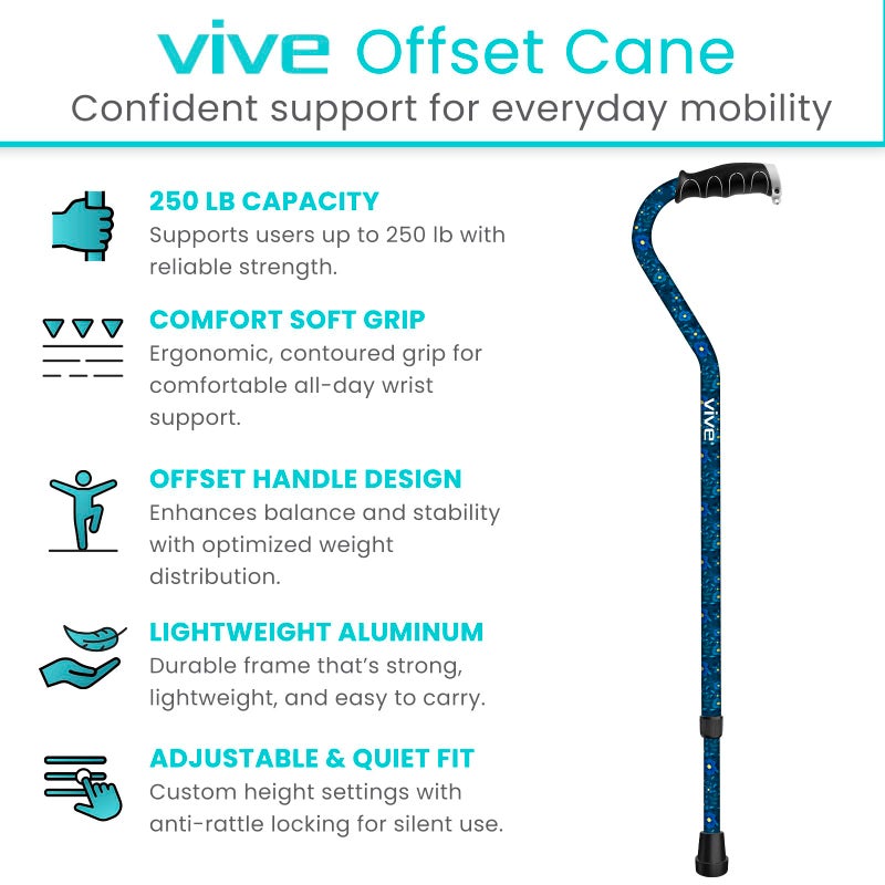 Vive Walking Cane for Women, Men, Elderly - Patented Offset Grip - Lightweight Adjustable Walking Aid with a Non-Slip Tip - Sturdy Balancing Mobility Aid for Seniors - Image 2