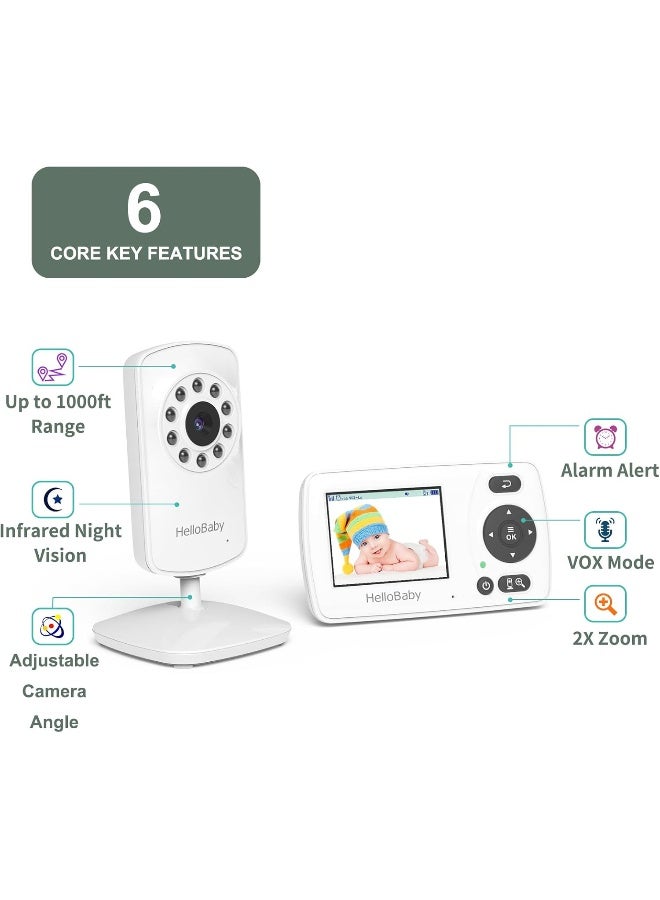 Hellobaby HB30 Video Baby Monitor with Digital Camera and Audio, No WiFi No App Safety Baby Monitor, 8 Languages, Auto Night Vision, 1000ft Transmission Range, 2.4 inch Portable Screen, White - Image 2