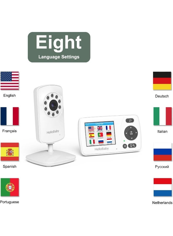 Hellobaby HB30 Video Baby Monitor with Digital Camera and Audio, No WiFi No App Safety Baby Monitor, 8 Languages, Auto Night Vision, 1000ft Transmission Range, 2.4 inch Portable Screen, White - Image 3