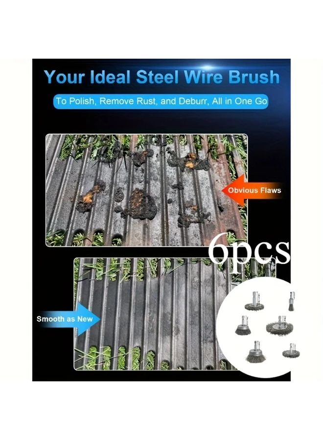 6 Pack Carbon Steel Wire Brush Heads Rust Removal Wear Resistant Hex Shank - Image 1