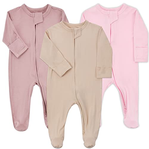Aablexema Baby Zipper Pajamas Bamboo Rayon, 3pcs Unisex Infant Onesie with Mitten Long Sleeve Footed Pjs(Beige & Pink & Purple,0-3m) - Image 1