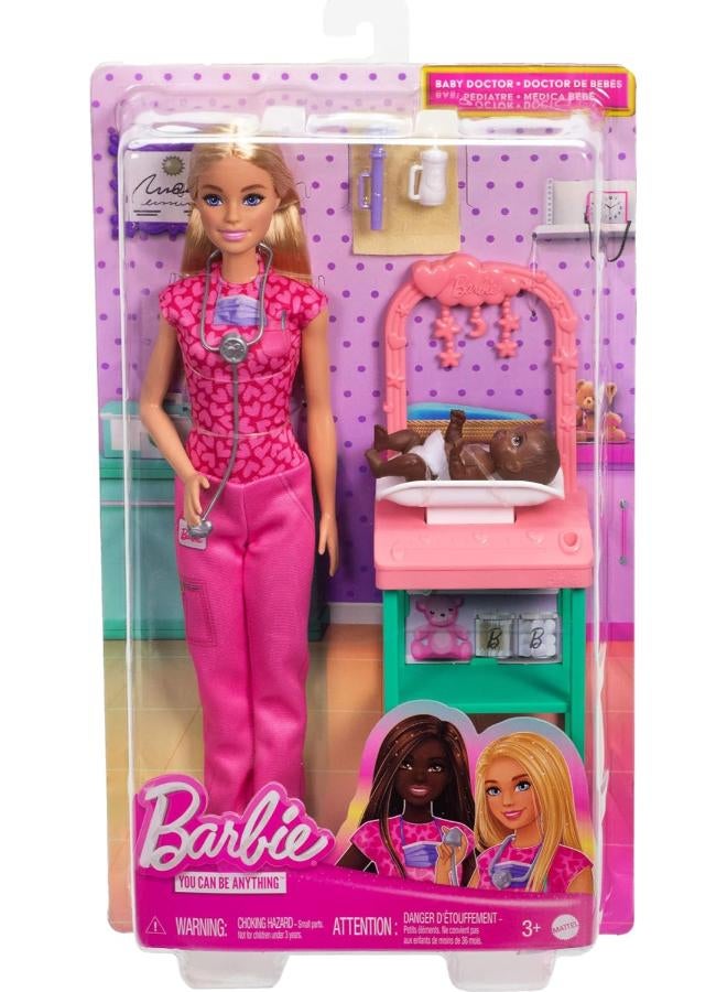 Barbie Barbie Pediatrician Set with Blonde Doll in Pink Work Outfit, 1 Baby Doll, Baby Furniture and Accessories, JCR72 - Image 1