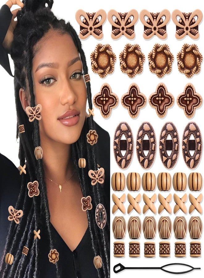 VENOFEN 40PCS Wood Hair Beads for Braids Loc Jewelry Imitation Wood Beads for Hair Dreadlock Accessories Multi Shape Loc Beads Hair Decoration for Women and Men - Image 1