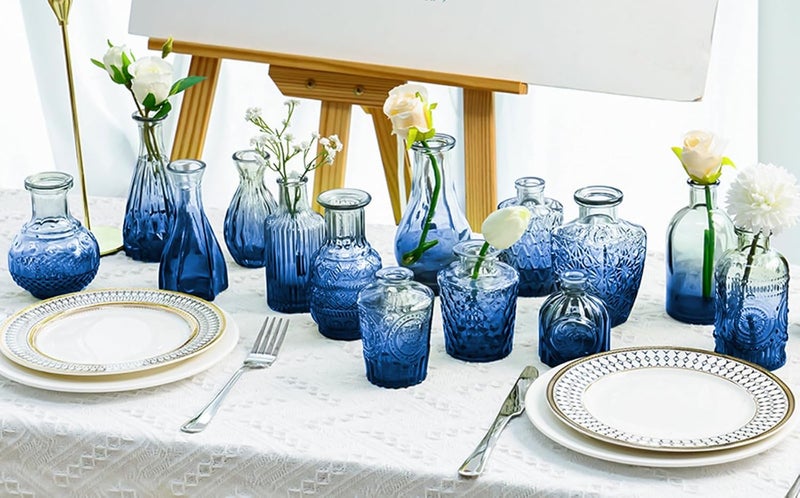 QLOFEI Blue Glass Bud Vase Set,20Pcs Small Glass Vase for Flowers, Blue Bud Set in Bulk,Mini Single Vintage Design for Centerpiece Rustic Wedding Decorations Home Table Flower Décor - Image 2