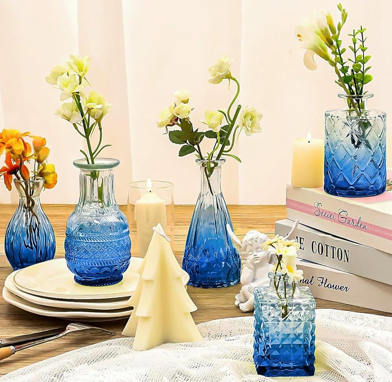 QLOFEI Blue Glass Bud Vase Set,20Pcs Small Glass Vase for Flowers, Blue Bud Set in Bulk,Mini Single Vintage Design for Centerpiece Rustic Wedding Decorations Home Table Flower Décor - Image 3