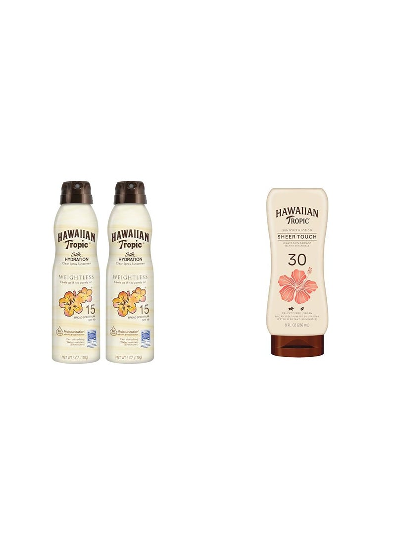 Hawaiian Tropic - Hawaiian Tropic Weightless Hydration Clear Spray Sunscreen SPF 15 Twin Pack 6oz each  Sheer Touch Ultra Radiance Lotion Sunscreen SPF 30 8oz - Image 1