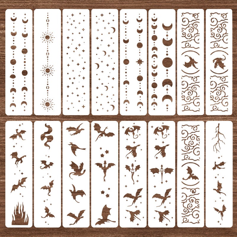 WJIAAA 16pcs Border Stencils for Painting,Dragon Star Moon Cloud Pattern Stencils for Crafts Reusable on Wood Burning Drawing Art Paint Patterns DIY Wood Wall Canvas Floor Furniture Crafts - Image 1