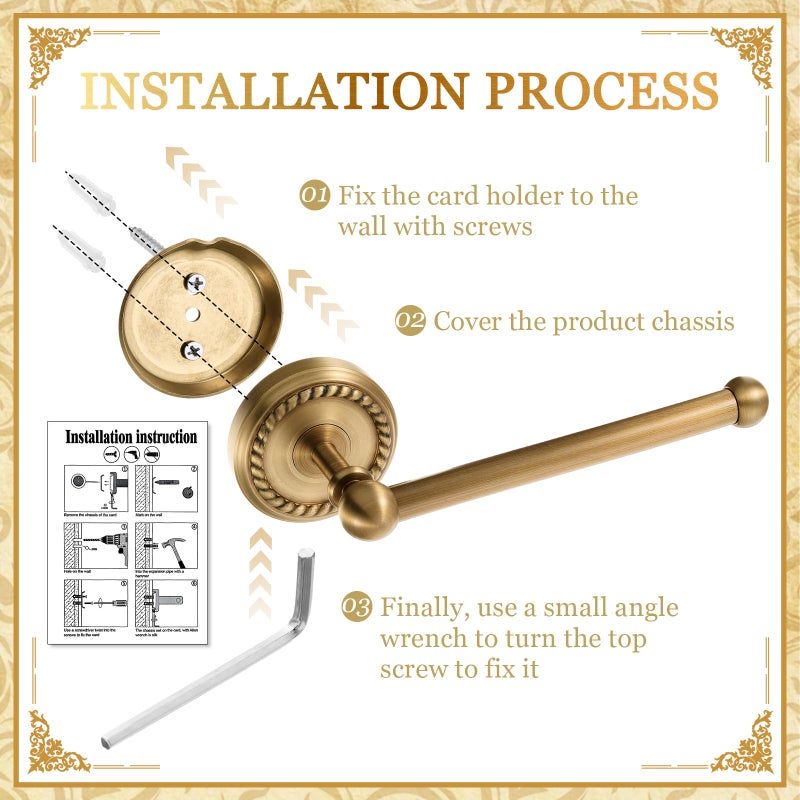 Otoolling 4 Pcs Antique Brass Gold Bathroom Accessories Set Wall-Mounted Towel Rack & Towel Ring & Toilet Paper Holder & Robe Hook, Wall Mounted Brass Vintage Bath Hardware Fixture Set(Style 1) - Image 4