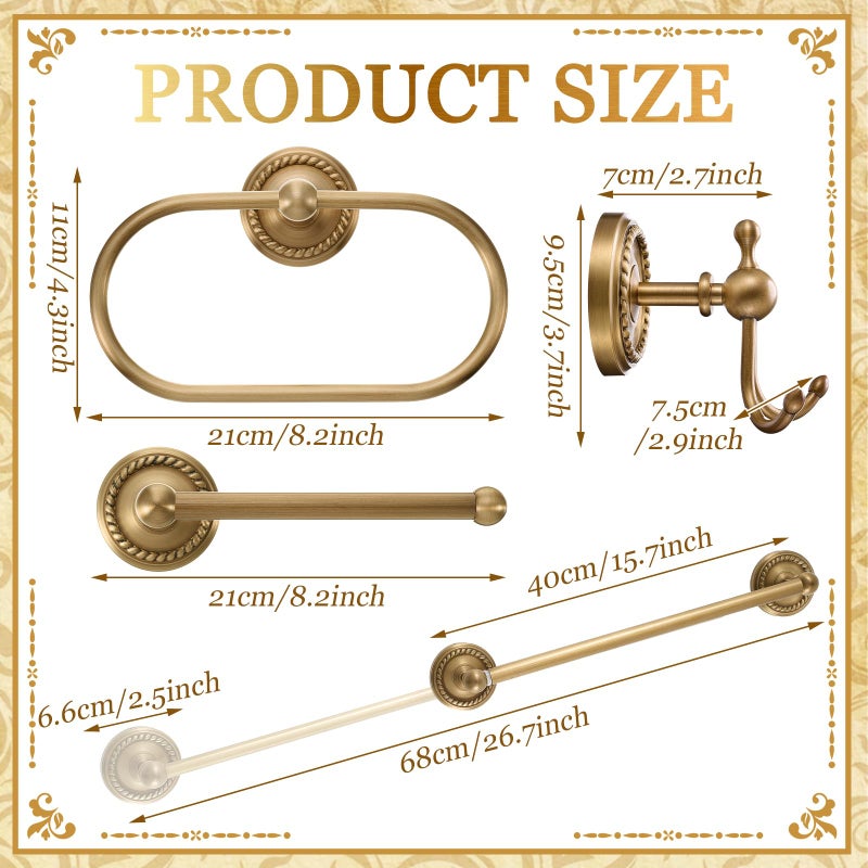 Otoolling 4 Pcs Antique Brass Gold Bathroom Accessories Set Wall-Mounted Towel Rack & Towel Ring & Toilet Paper Holder & Robe Hook, Wall Mounted Brass Vintage Bath Hardware Fixture Set(Style 1) - Image 2