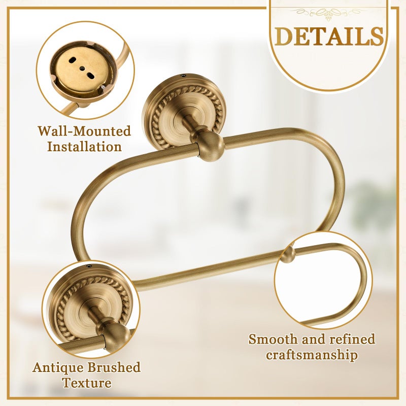 Otoolling 4 Pcs Antique Brass Gold Bathroom Accessories Set Wall-Mounted Towel Rack & Towel Ring & Toilet Paper Holder & Robe Hook, Wall Mounted Brass Vintage Bath Hardware Fixture Set(Style 1) - Image 3