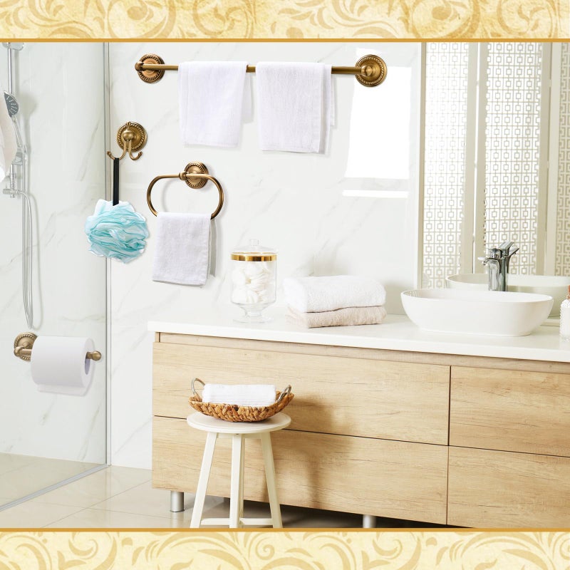 Otoolling 4 Pcs Antique Brass Gold Bathroom Accessories Set Wall-Mounted Towel Rack & Towel Ring & Toilet Paper Holder & Robe Hook, Wall Mounted Brass Vintage Bath Hardware Fixture Set(Style 1) - Image 5
