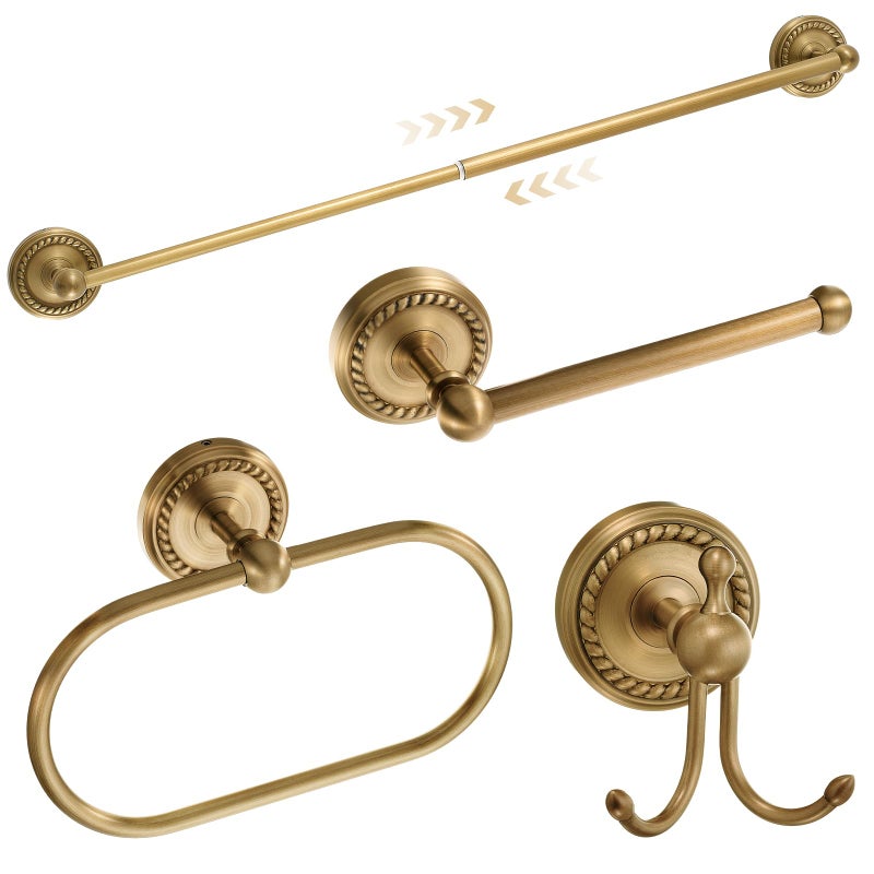 Otoolling 4 Pcs Antique Brass Gold Bathroom Accessories Set Wall-Mounted Towel Rack & Towel Ring & Toilet Paper Holder & Robe Hook, Wall Mounted Brass Vintage Bath Hardware Fixture Set(Style 1) - Image 1