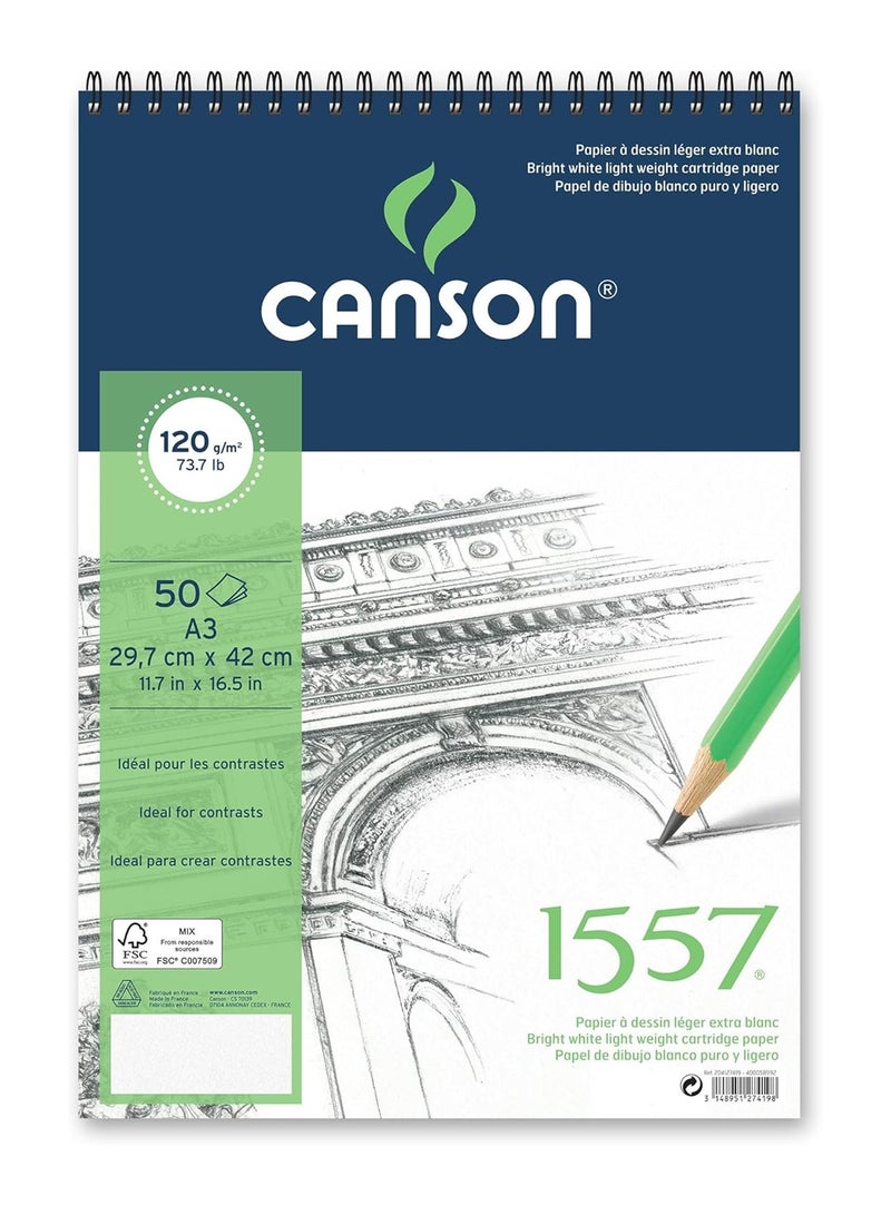 CANSON A3 Size Light Grained Spiral Sketch Pad 50 Sheets 120gsm Thickness - Image 1