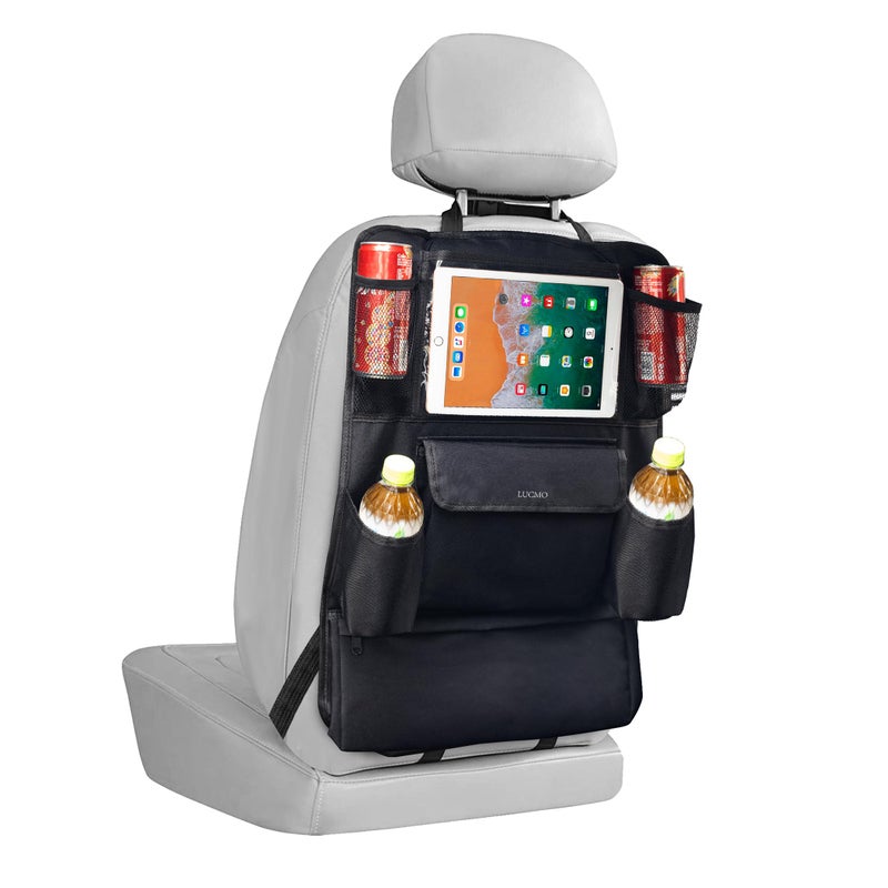 LUCMO Car Backseat Organizer with Touch Screen Tablet Holder,9 Storage Pockets Protectors Kick Mats Travel Accessories for Kids-Black - Image 1
