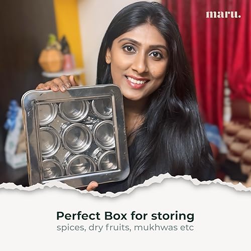 MARU 9 Square Masala Box for Kitchen Steel, 140ml Each Round Containers with See-Through Lids, Airtight Popula Dabba, Multipurpose Storage Organiser for Spices, Dry Fruits, Mukhwas & More, Silver - Image 5